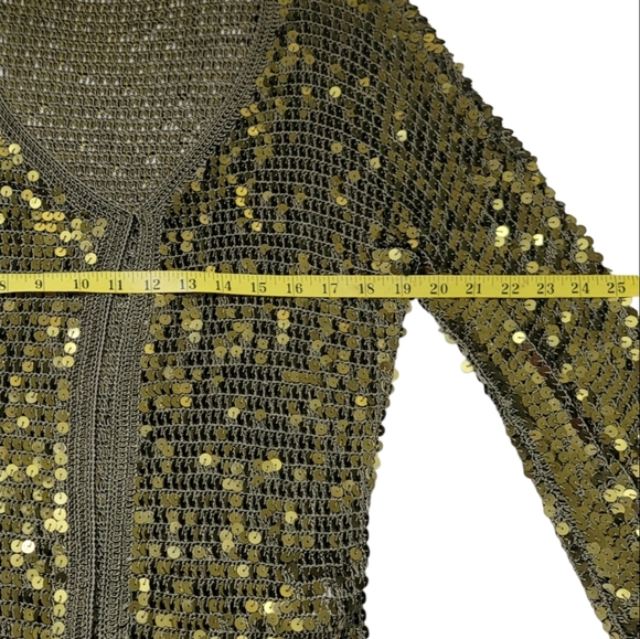 Zashi Sparkling Khaki Green/Gold Sequined Cardigan Top Sz L - Picture 4 of 9
